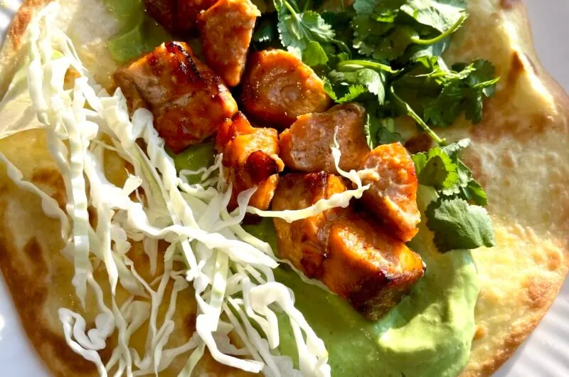 Spicy Salmon Tacos with Avocado Yogurt Sauce