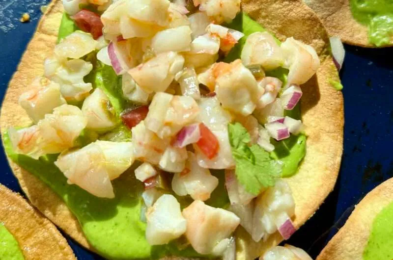 Prawn Tostadas with Avocado Yoghurt Sauce