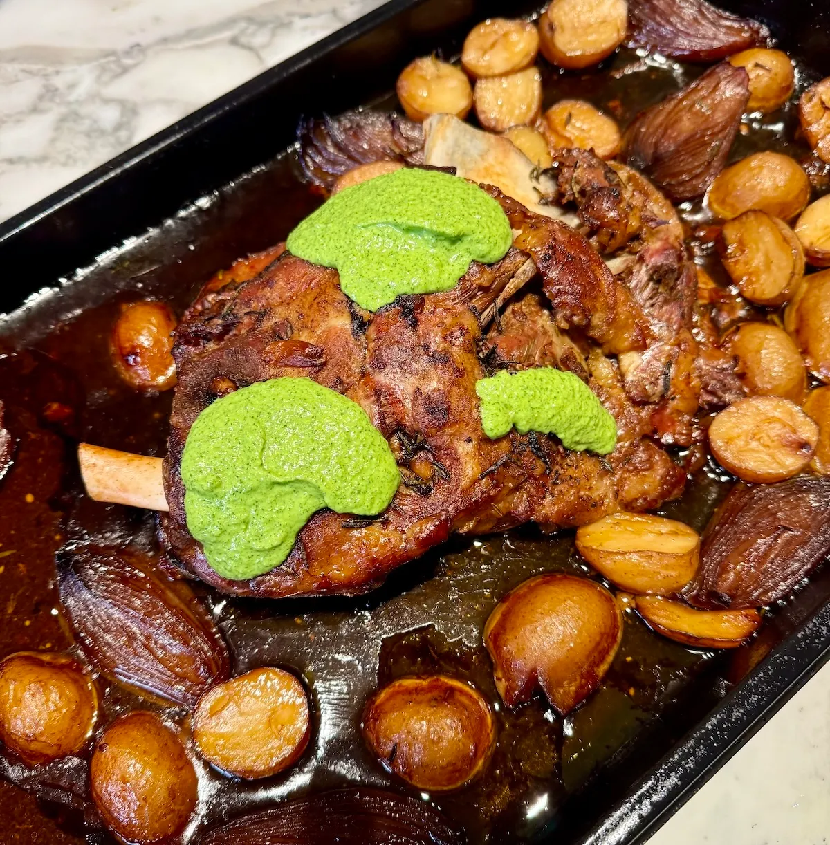 Slow-Roasted Lamb Shoulder with Mint & Mustard Sauce
