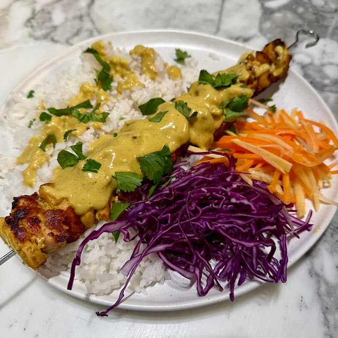 Satay Chicken Skewers with Crunchy Slaw