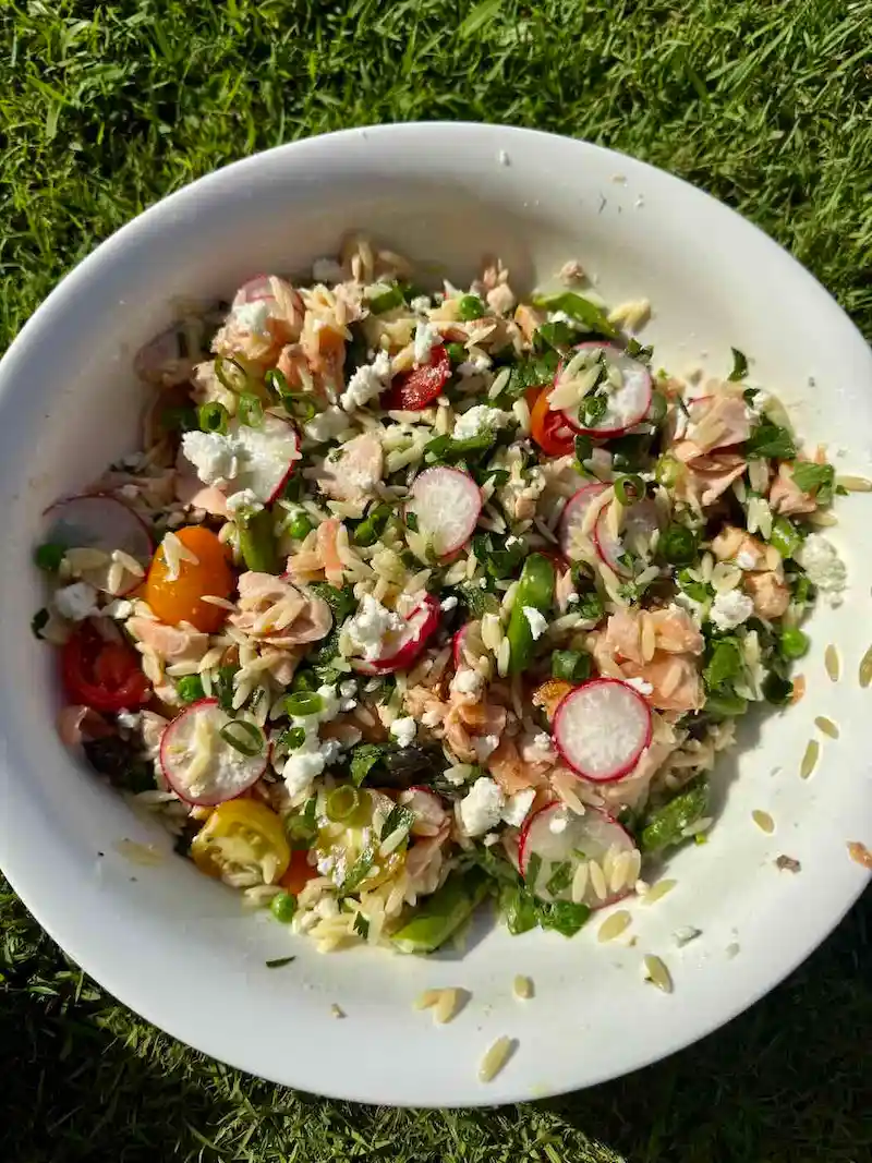 Lemon Feta Risoni Salad with Grilled Salmon