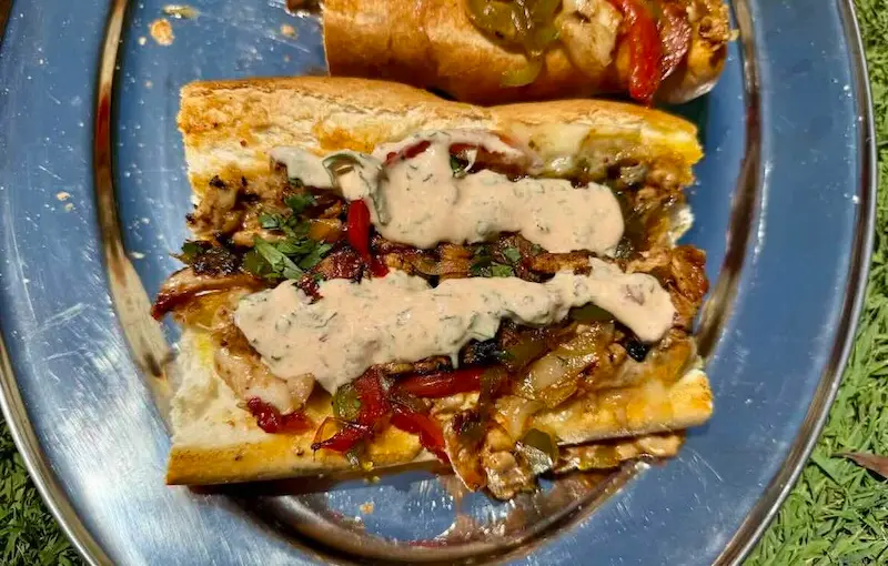 Mexican Chicken Philly Cheesesteak with Chipotle Lime Yoghurt Sauce