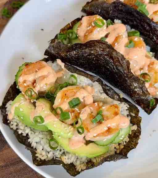 Crispy Rice Sushi Tacos with Prawn & Sriracha Mayo