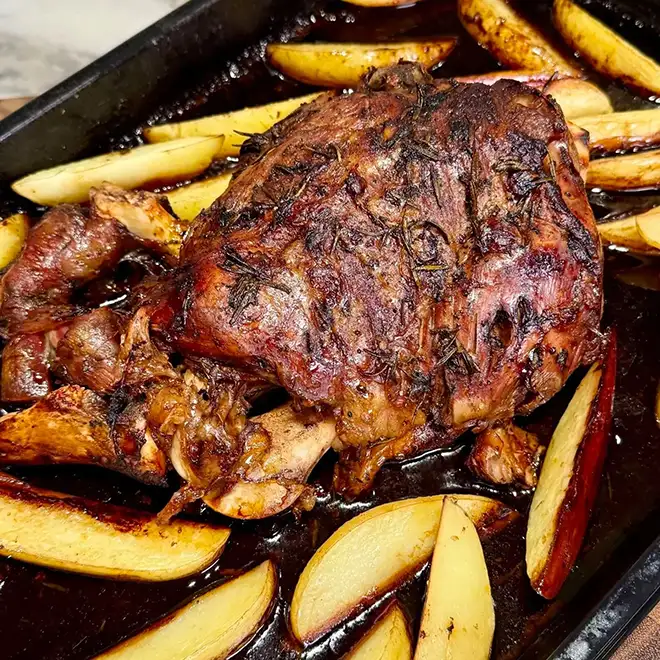 Greek Style Slow-Roasted Lamb with Garlic, Rosemary & Roasted Potatoes