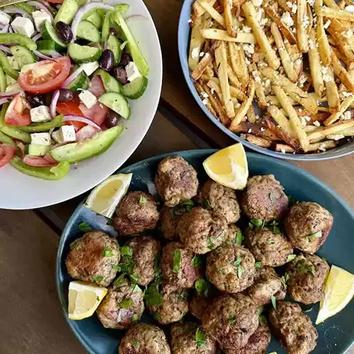 Greek Meatballs with Feta Fries & Greek Salad