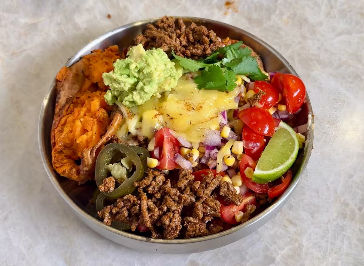 Smashed Sweet Potato Taco Beef Bowls