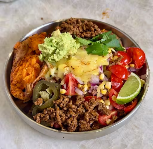 Smashed Sweet Potato Taco Beef Bowls