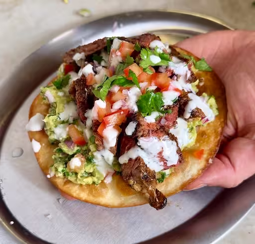 Steak Tostadas with Garlic Yoghurt Sauce